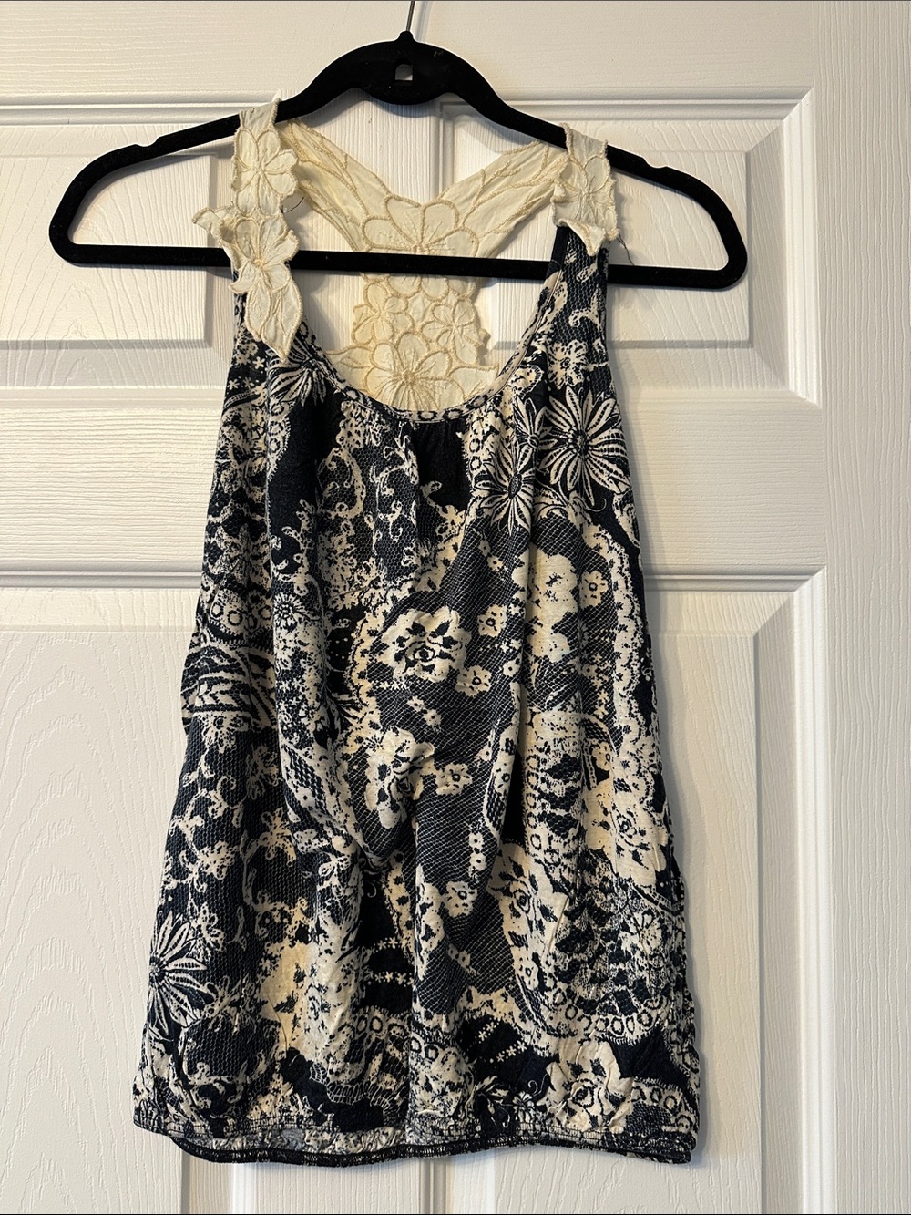 Women's Black and Cream floral tank with  applique-style straps